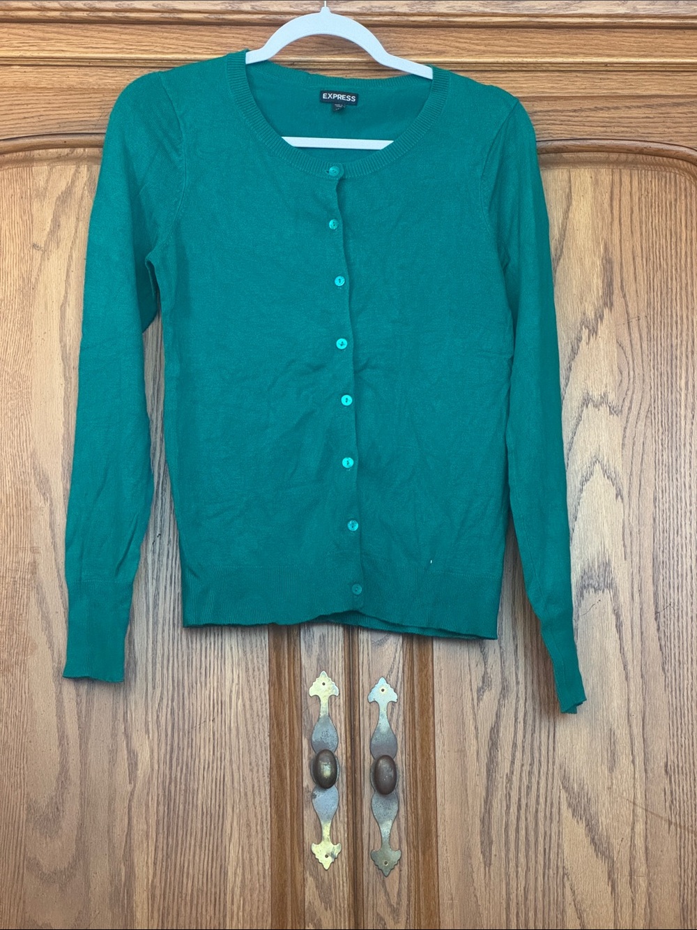 Express Teal Green Button-Up Crewneck Cardigan